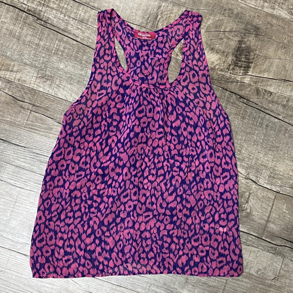 Shasa Pink Animal Print Sleeveless Tank Top Blouse Women Medium Ruffle Shirt